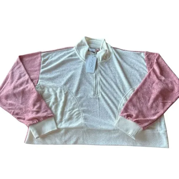 L*Space L Best Life Pullover‎ Pink Cream Terry Sweatshirt Sporty Colorblock New - Picture 3 of 12